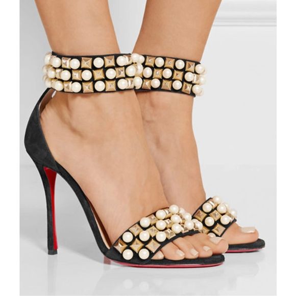 Christian Louboutin Shoes - CHRISTIAN LOUBOUTIN Tudor Bal Pearl Ankle Cuff Heels Size 40.5 Black Suede Studd